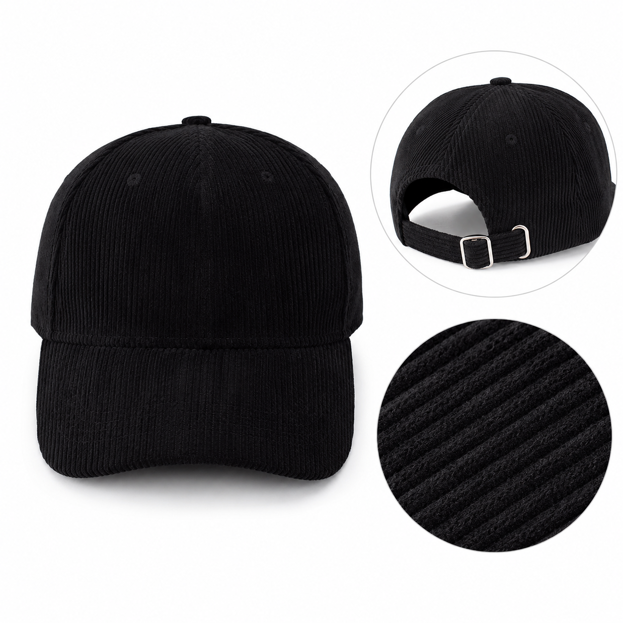 Black Corduroy Unisex Cotton Hat – Adjustable 6-Panel Dad Hat