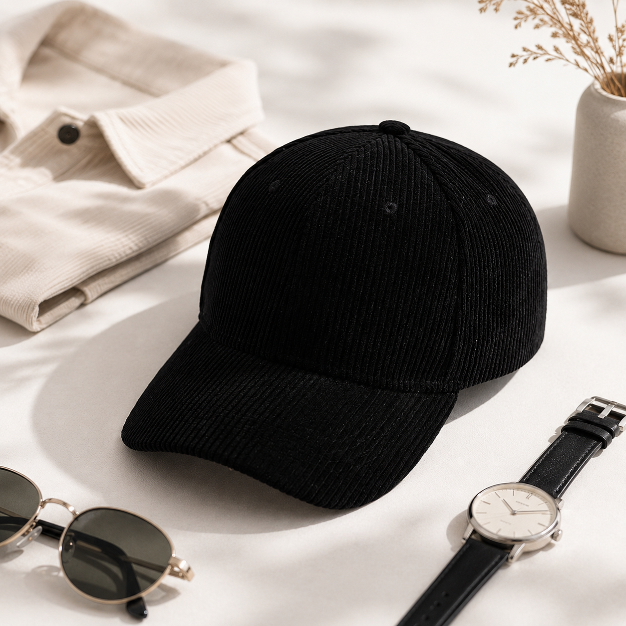 Black Corduroy Unisex Cotton Hat – Adjustable 6-Panel Dad Hat