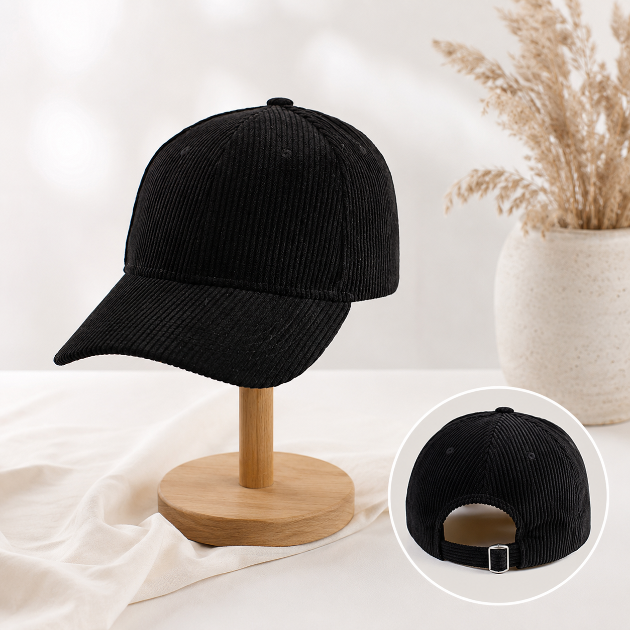 Black Corduroy Unisex Cotton Hat – Adjustable 6-Panel Dad Hat